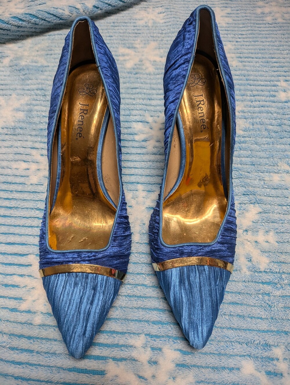 J.Renee Blue Pointed-Toe Satin Pumps with Gold Accent